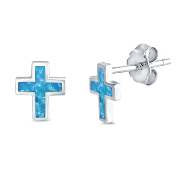 Cross Stud Earrings Lab Created Blue Opal 925 Sterling Silver